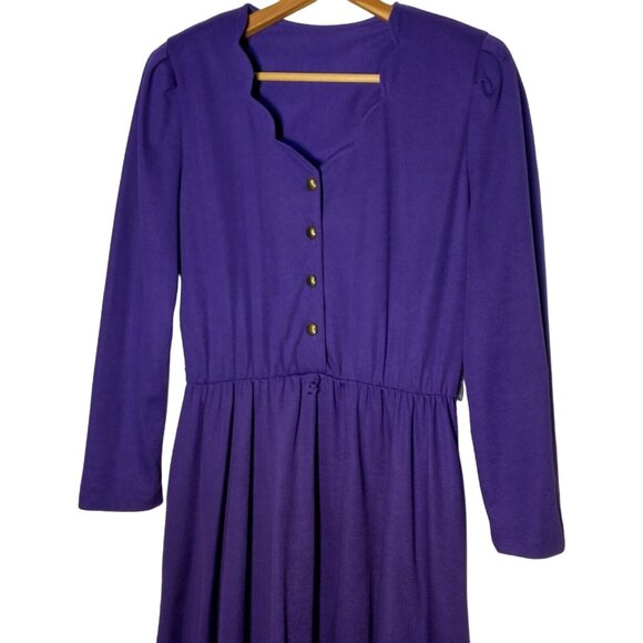 Vintage 80s Purple Dress Size 10 Button Scalloped V Neck Long Sleeve Modest READ - Picture 7 of 16
